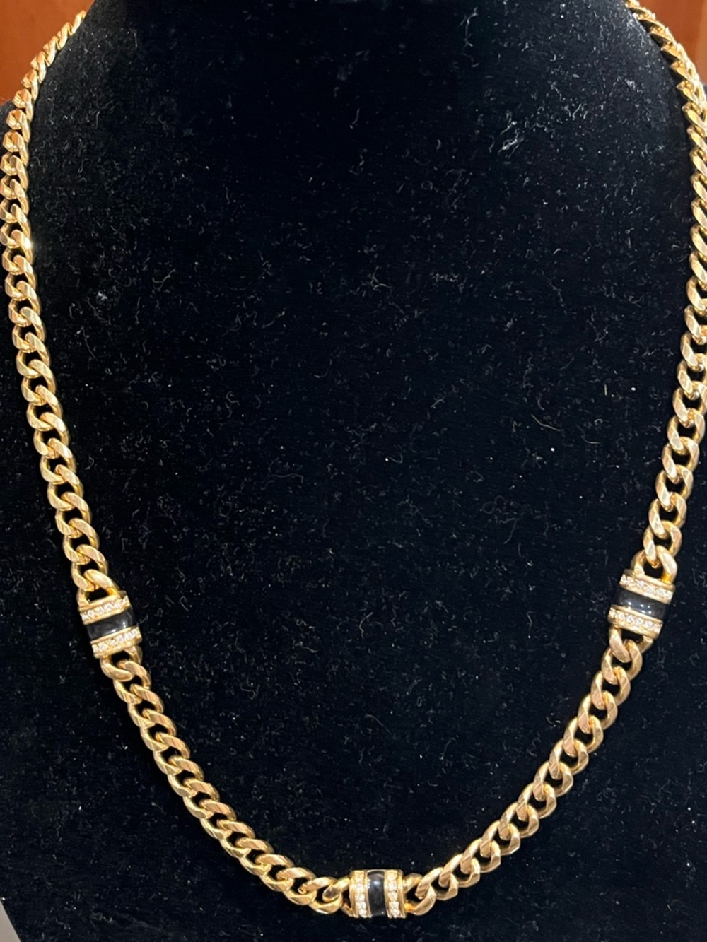 Vintage Swarovski 24" Gold Link Necklace • Black Enamel & Crystal • Signed
